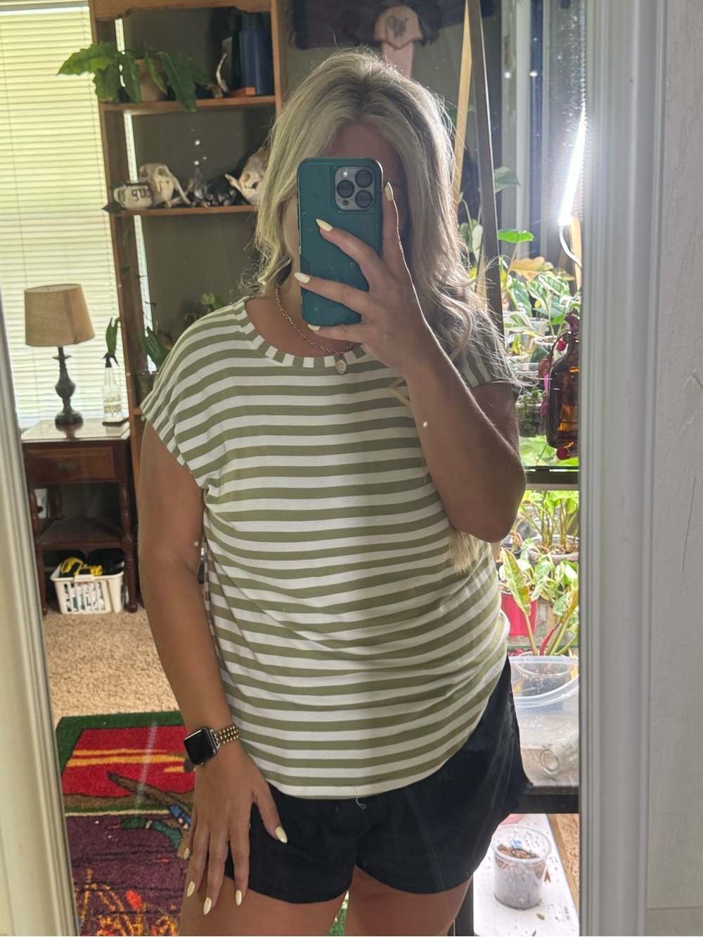Striped Olive and White Short Sleeve Women's Top by Jane+Delancey